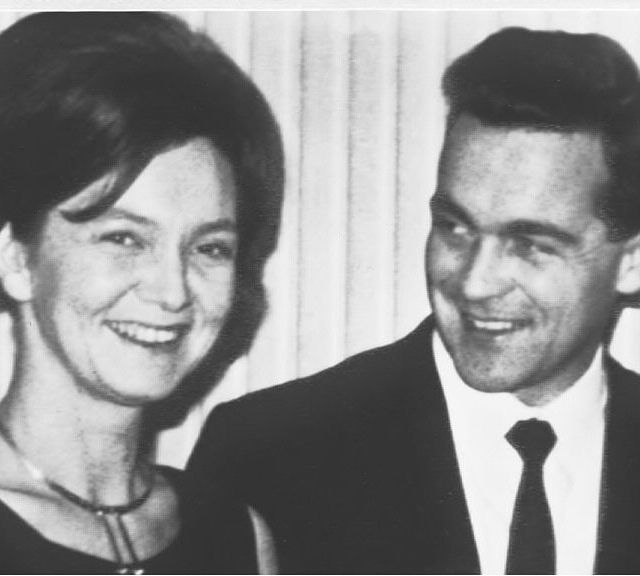 Black and white photo of woman and man